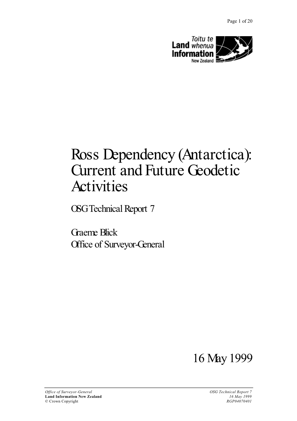 Ross Dependency (Antarctica): Current and Future Geodetic Activities OSG Technical Report 7