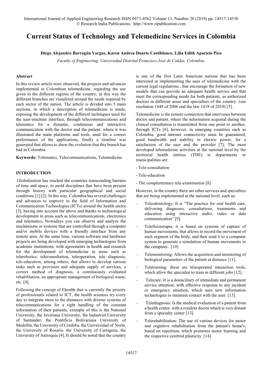 Current Status of Technology and Telemedicine Services in Colombia