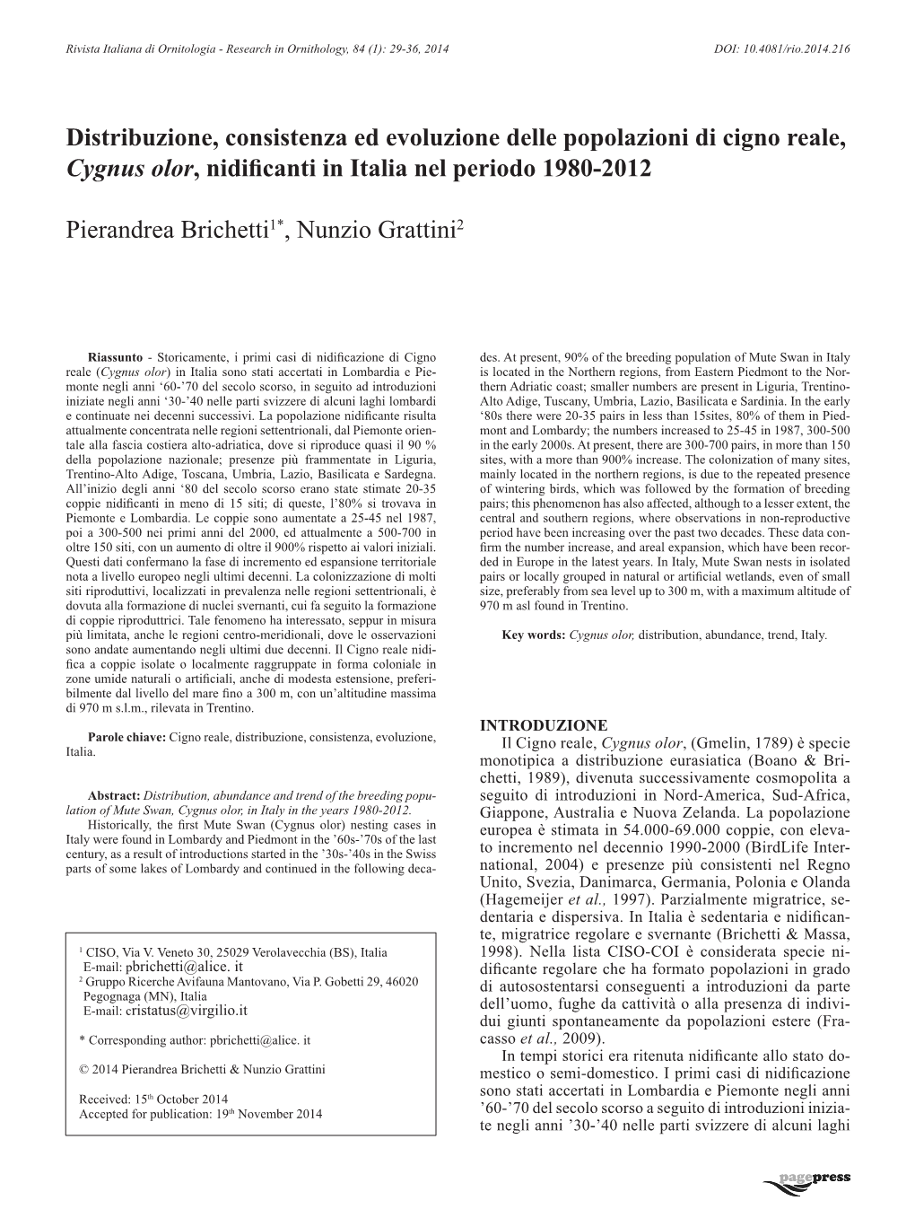 Cigno Reale, Cygnus Olor, Nidificanti in Italia Nel Periodo 1980-2012