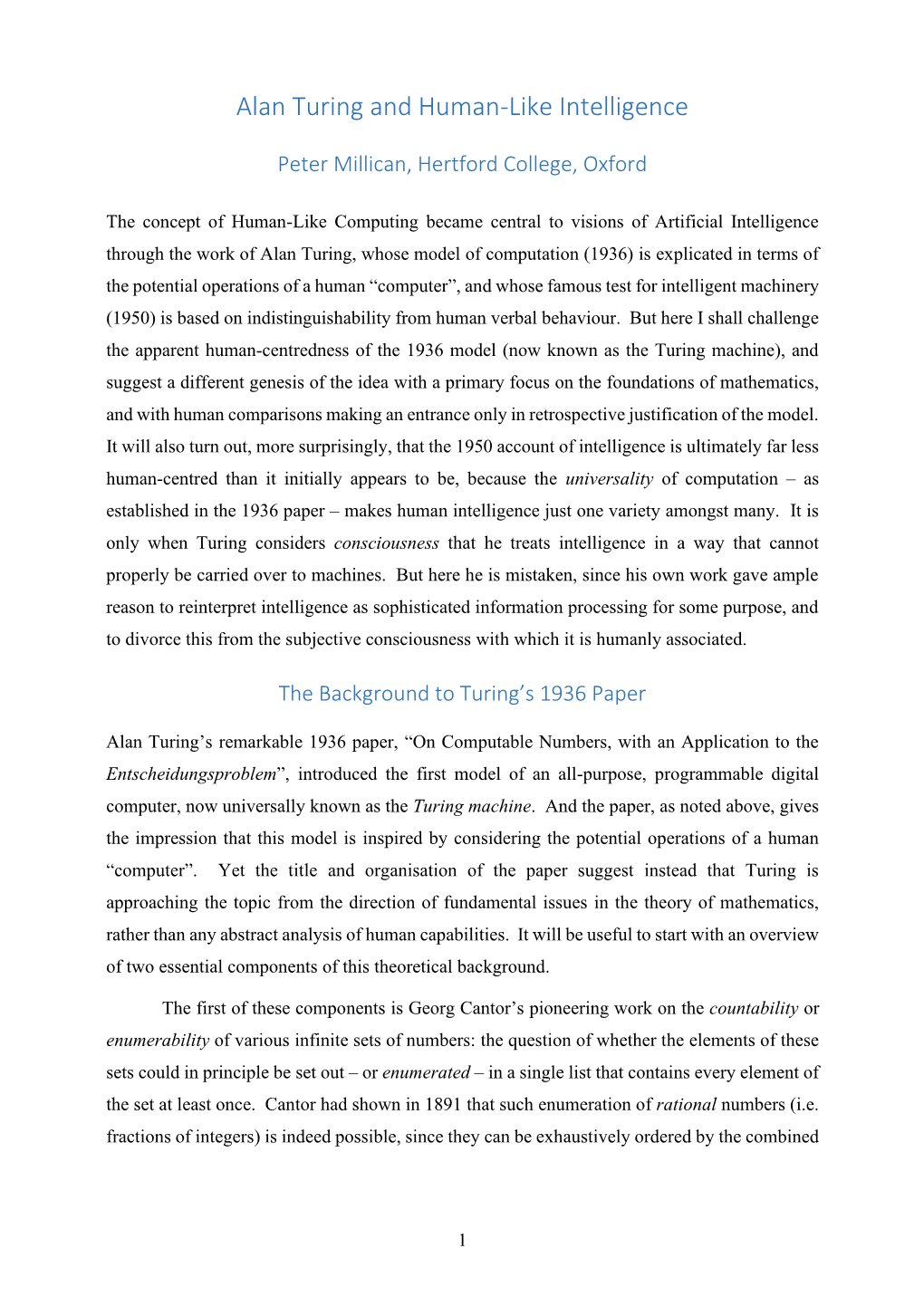 Alan Turing and Human-Like Intelligence