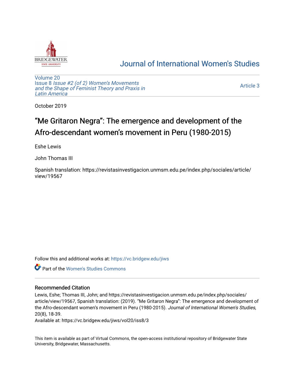 Me Gritaron Negra”: the Emergence and Development of the Afro-Descendant Women’S Movement in Peru (1980-2015)