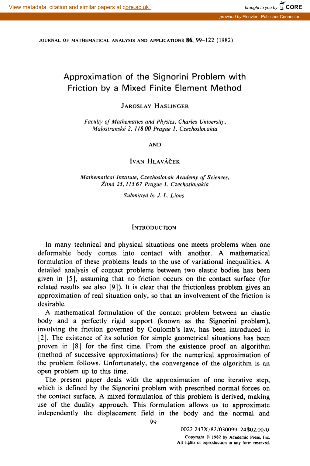 Approximation of the Signorini Problem with Friction by a Mixed Finite Element Method