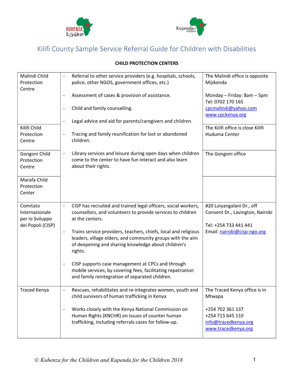 Kilifi County Sample Service Referral Guide for Children with Disabilities