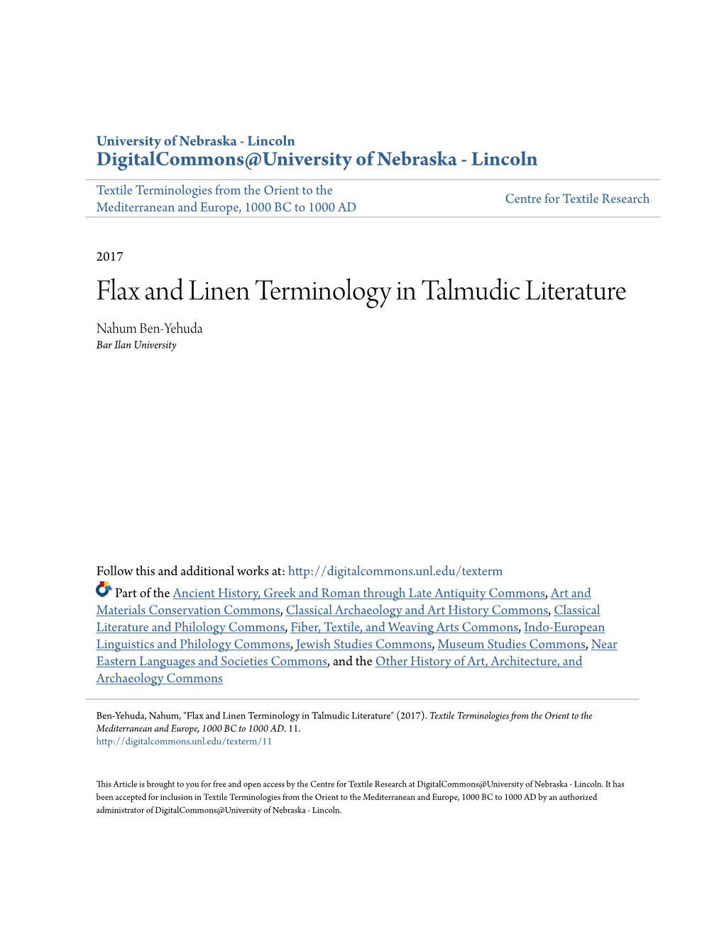 Flax and Linen Terminology in Talmudic Literature Nahum Ben-Yehuda Bar Ilan University