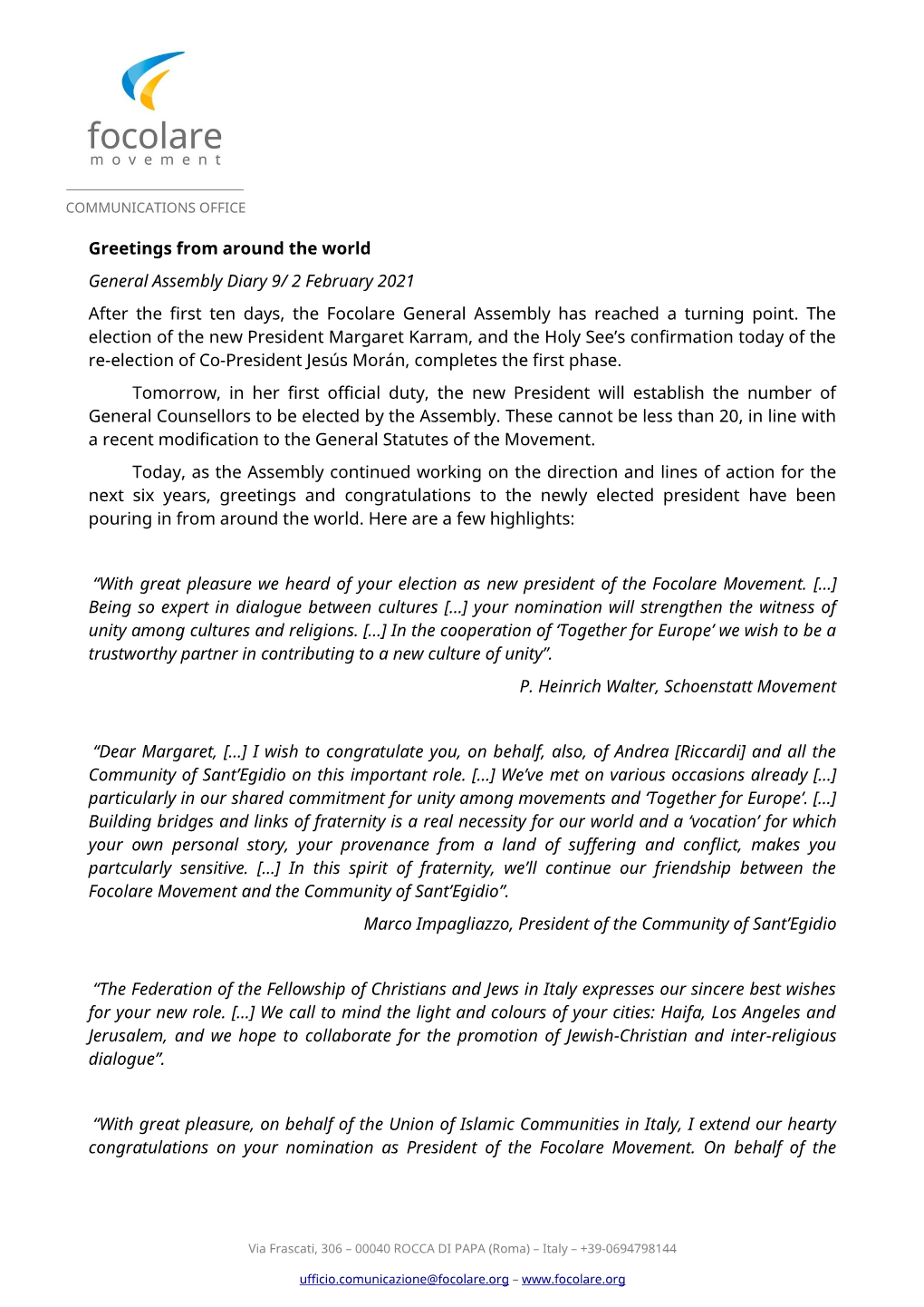 Greetings from Around the World General Assembly Diary 9/ 2 February 2021 After the First Ten Days, the Focolare General Assembly Has Reached a Turning Point