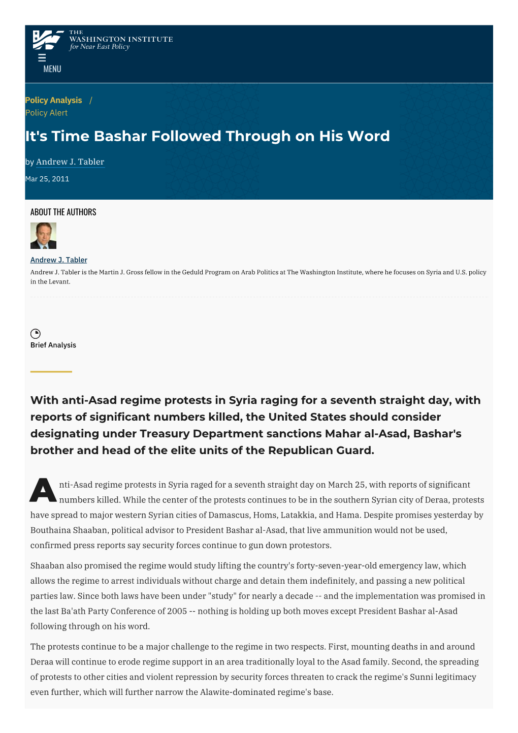 It's Time Bashar Followed Through on His Word | the Washington Institute
