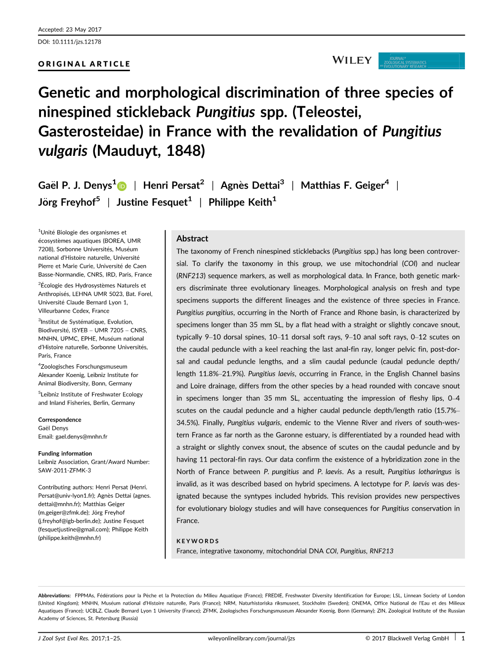 Genetic and Morphological Discrimination of Three Species of Ninespined Stickleback Pungitius Spp