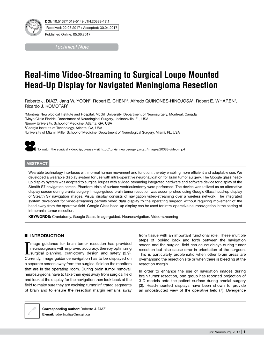 Real-Time Video-Streaming to Surgical Loupe Mounted Head-Up Display for Navigated Meningioma Resection