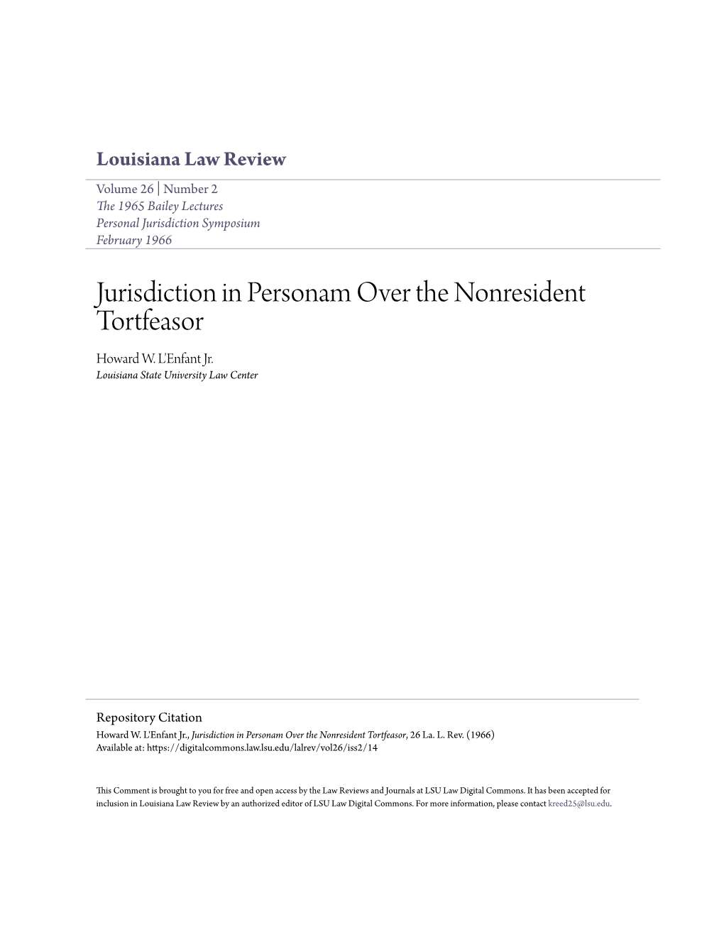 Jurisdiction in Personam Over the Nonresident Tortfeasor Howard W