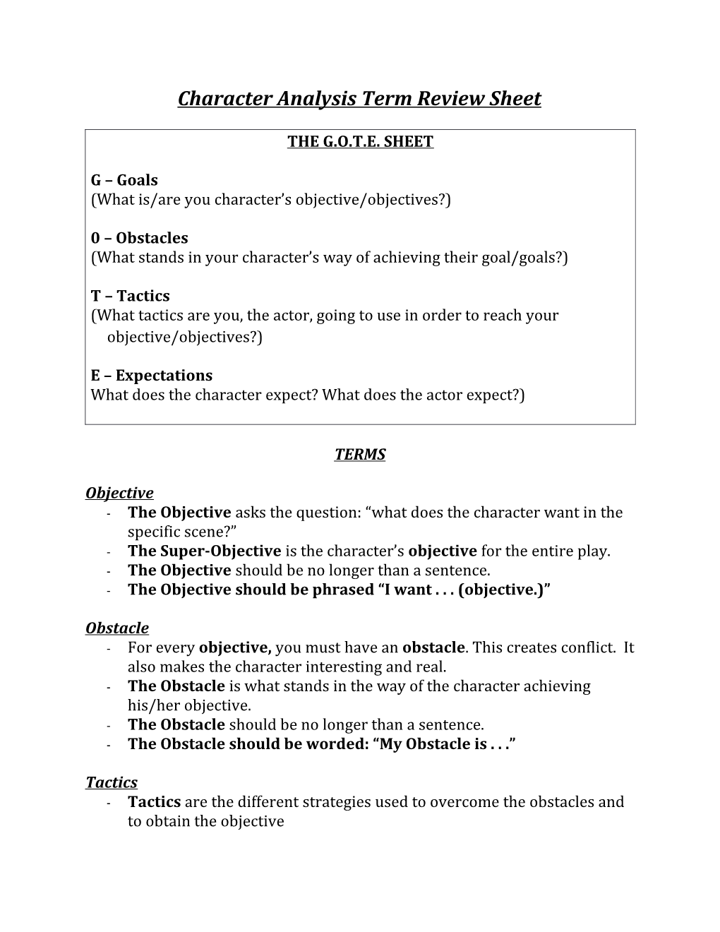 Character Analysis Term Review Sheet