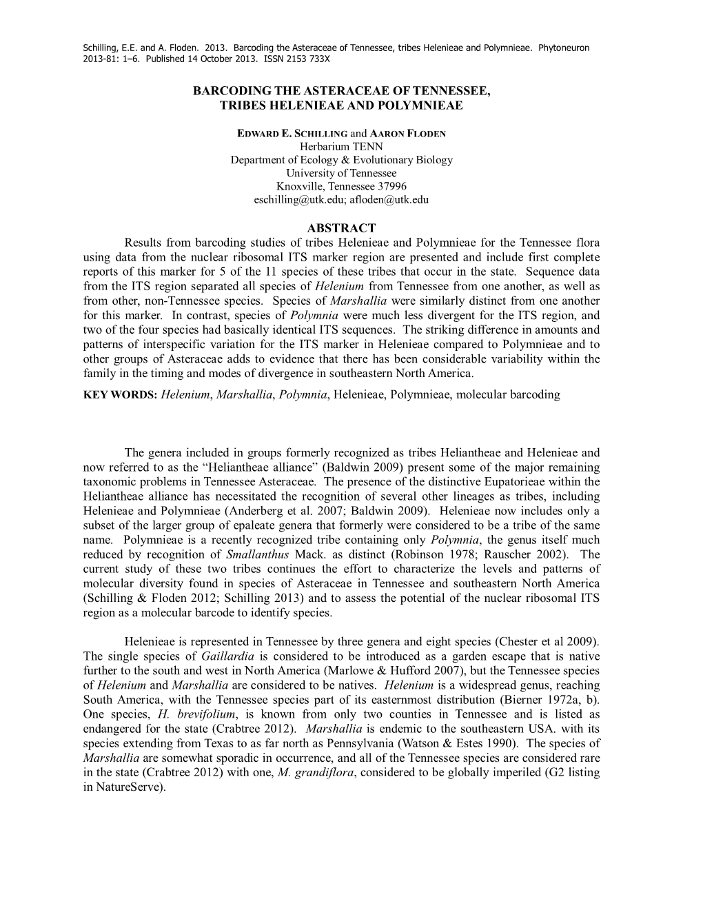 Barcoding the Asteraceae of Tennessee, Tribes Helenieae and Polymnieae