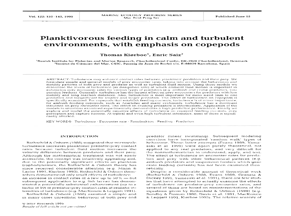 Planktivorous Feeding in Calm and Turbulent Environments, with Emphasis on Copepods