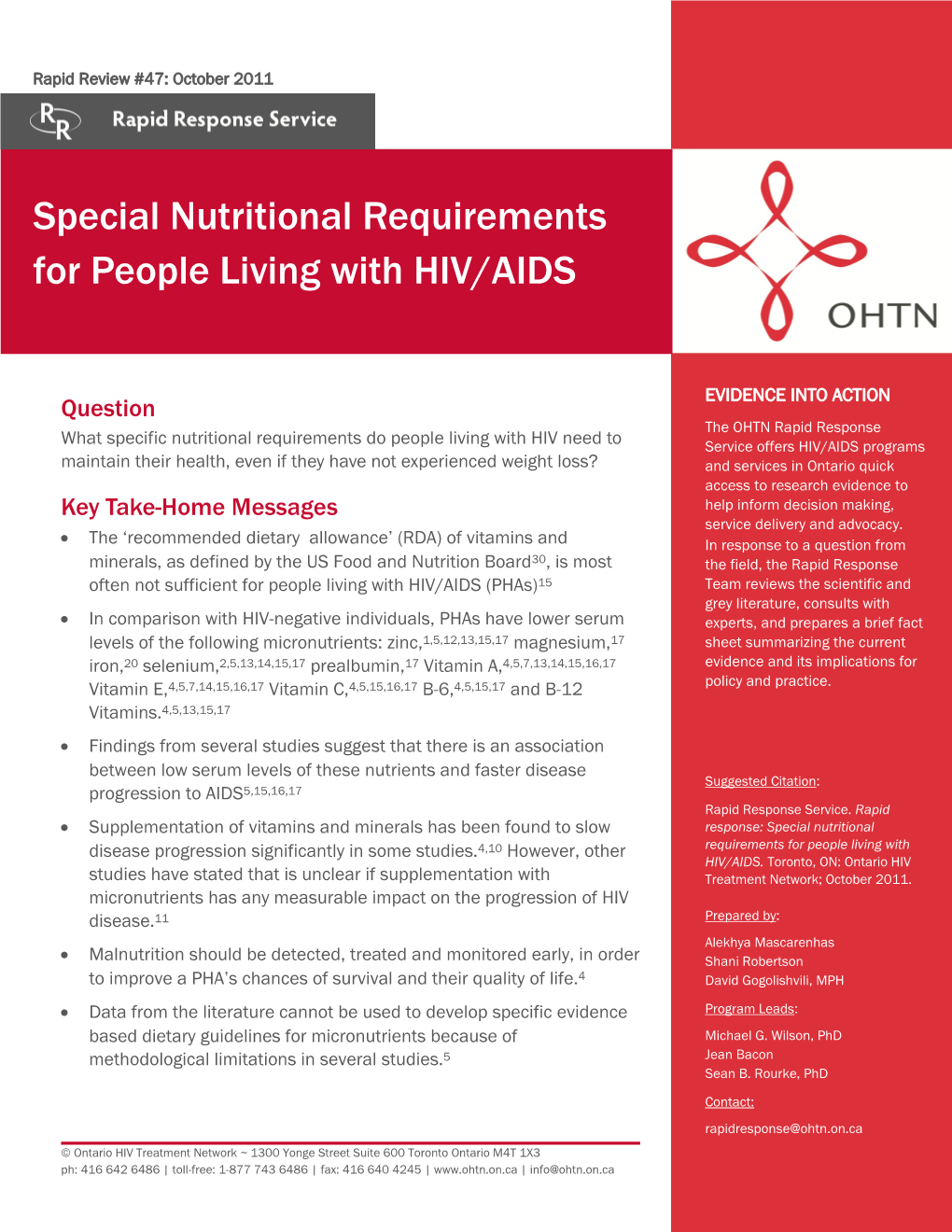 Special Nutritional Requirements for People Living with HIV/AIDS