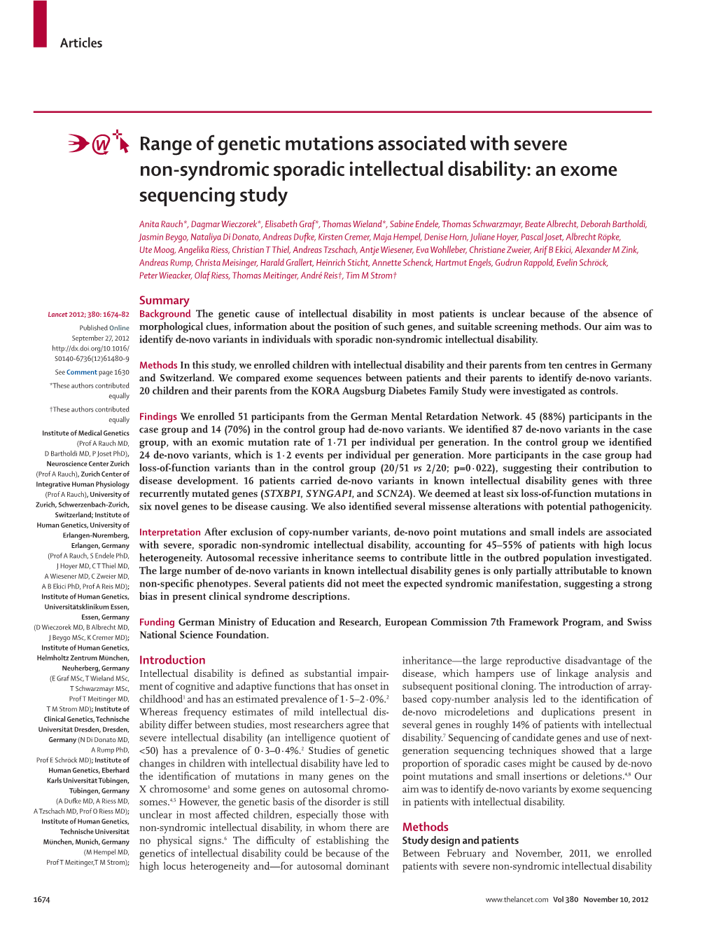 Range of Genetic Mutations Associated with Severe Non-Syndromic Sporadic Intellectual Disability: an Exome Sequencing Study