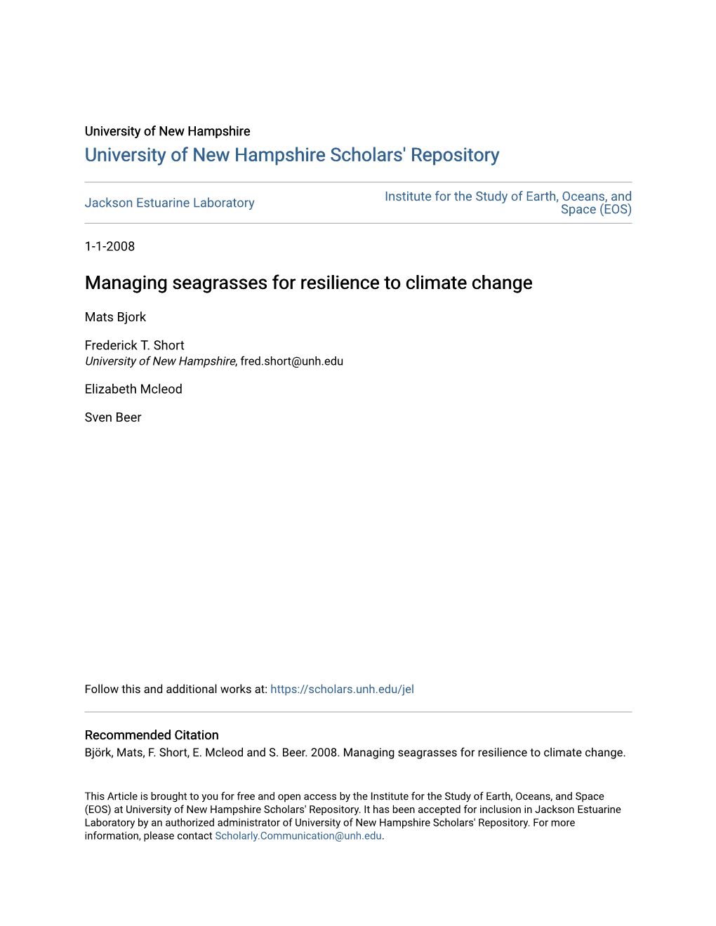 Managing Seagrasses for Resilience to Climate Change