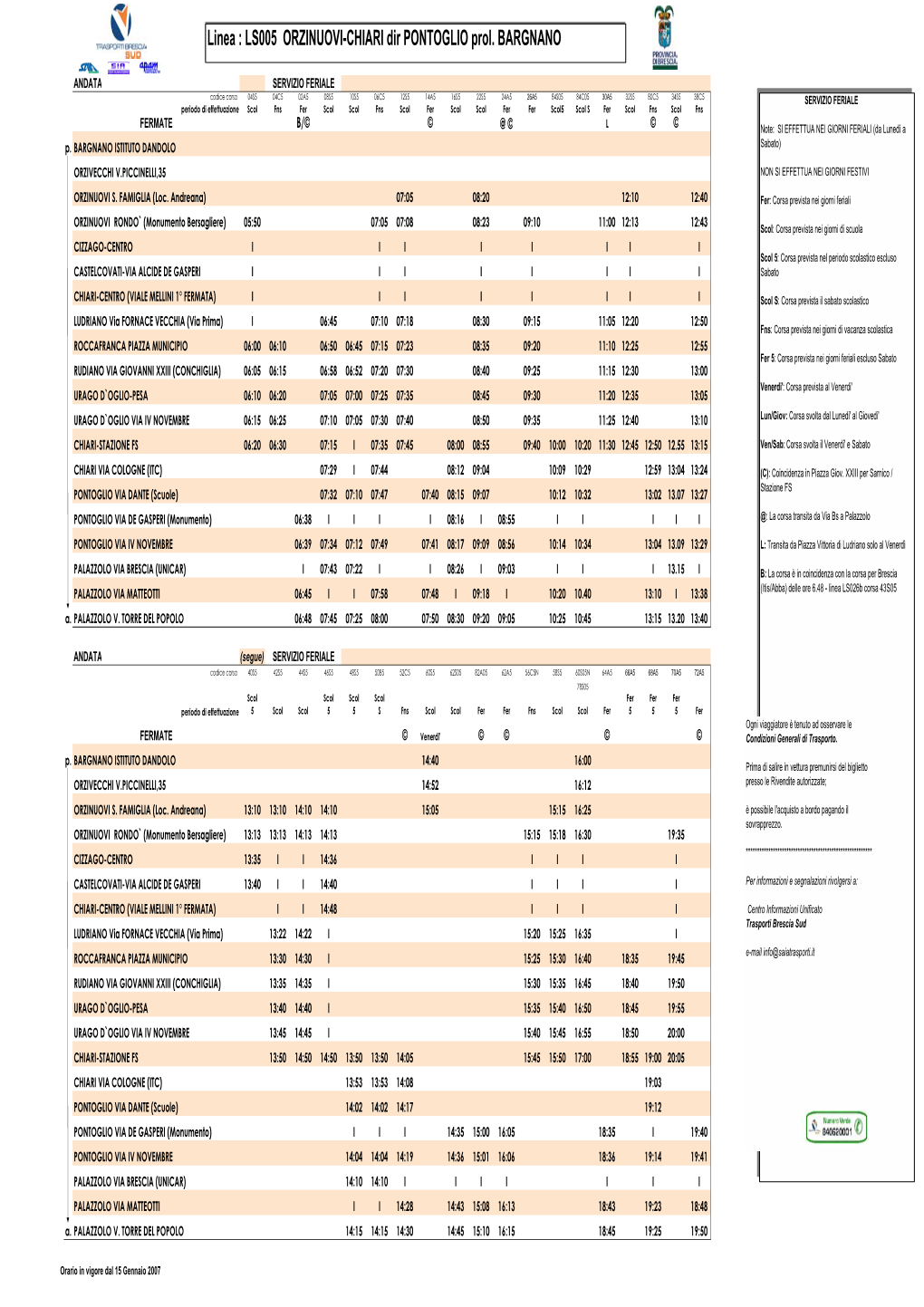 Linea : LS005 ORZINUOVI-CHIARI Dir PONTOGLIO Prol. BARGNANO