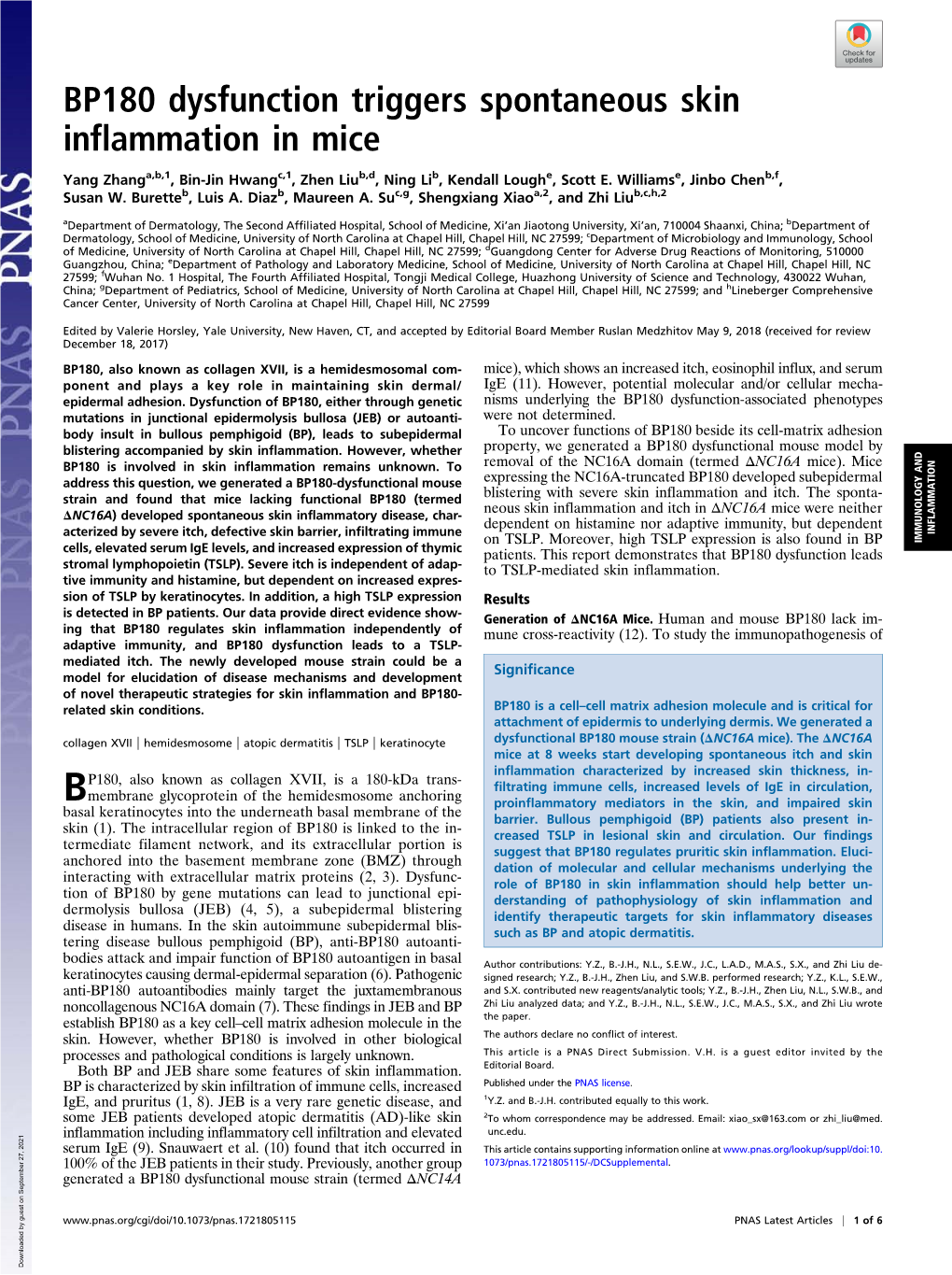 BP180 Dysfunction Triggers Spontaneous Skin Inflammation in Mice