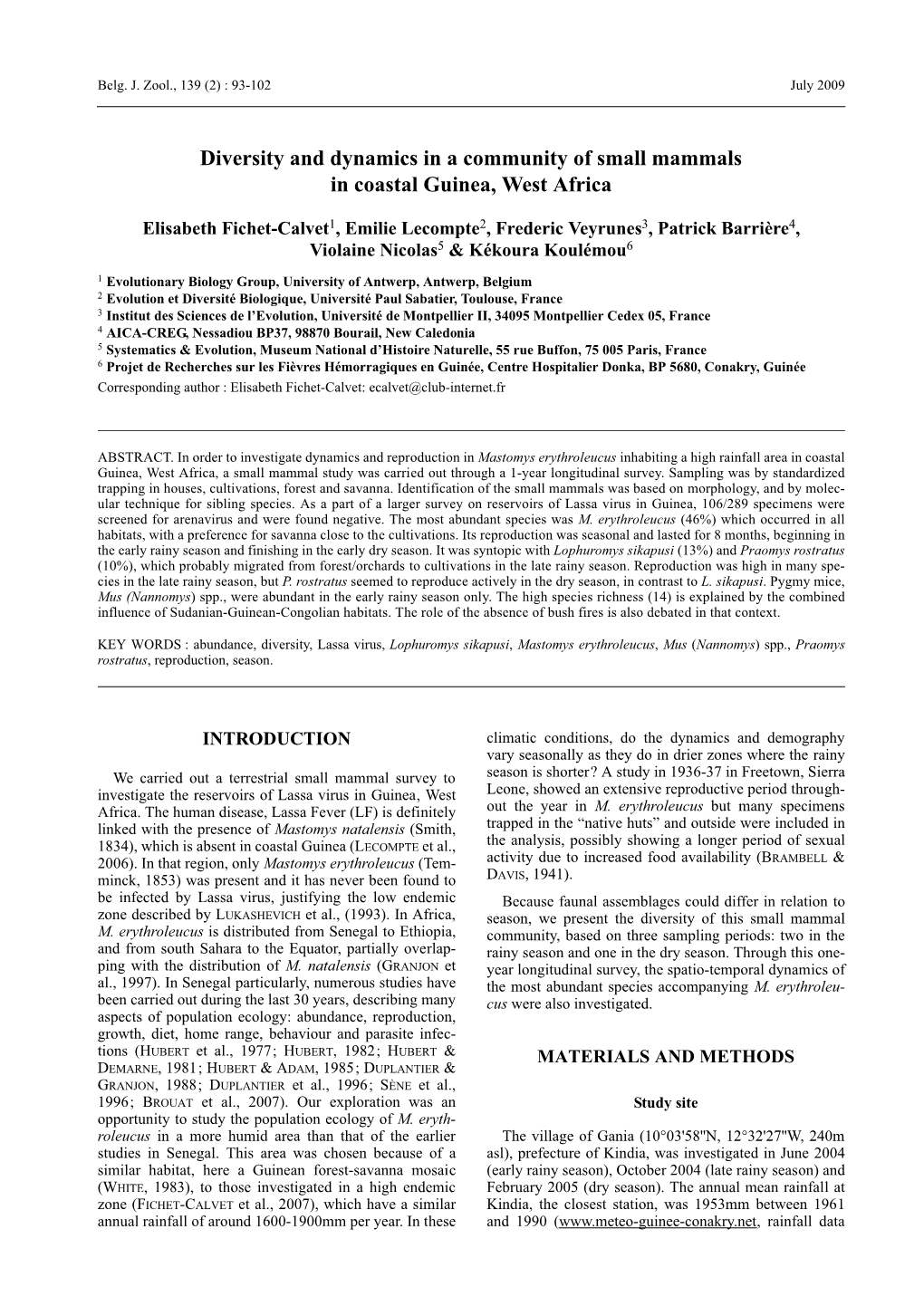 Diversity and Dynamics in a Community of Small Mammals in Coastal Guinea, West Africa