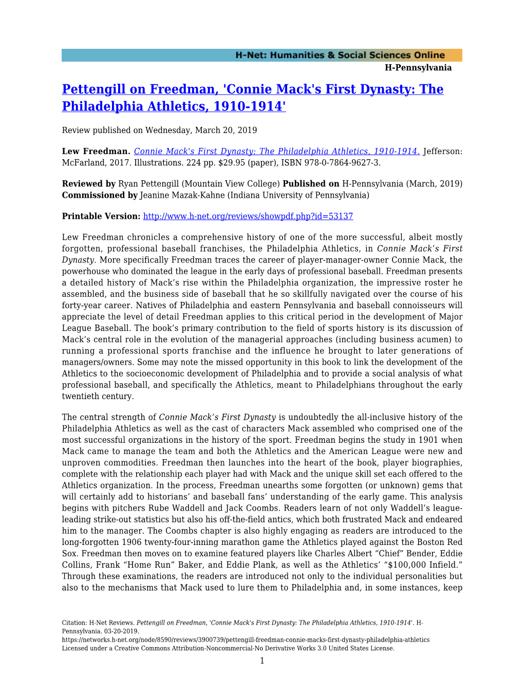 Pettengill on Freedman, 'Connie Mack's First Dynasty: the Philadelphia Athletics, 1910-1914'