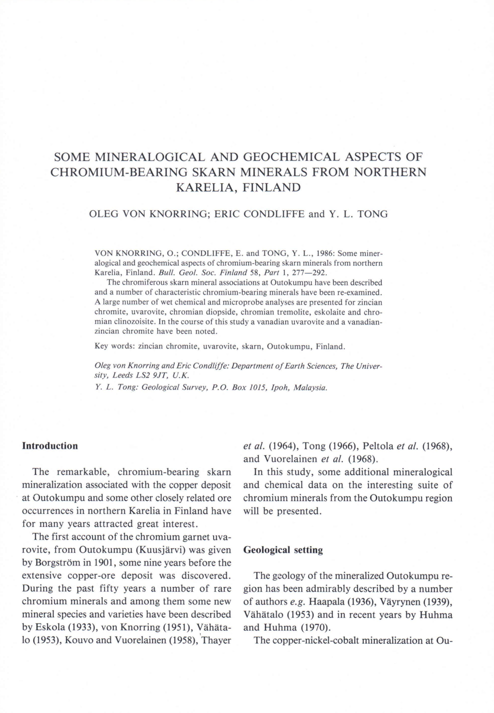 Some Mineralogical and Geochemical Aspects of Chromium-Bearing Skarn Minerals from Northern Karelia, Finland