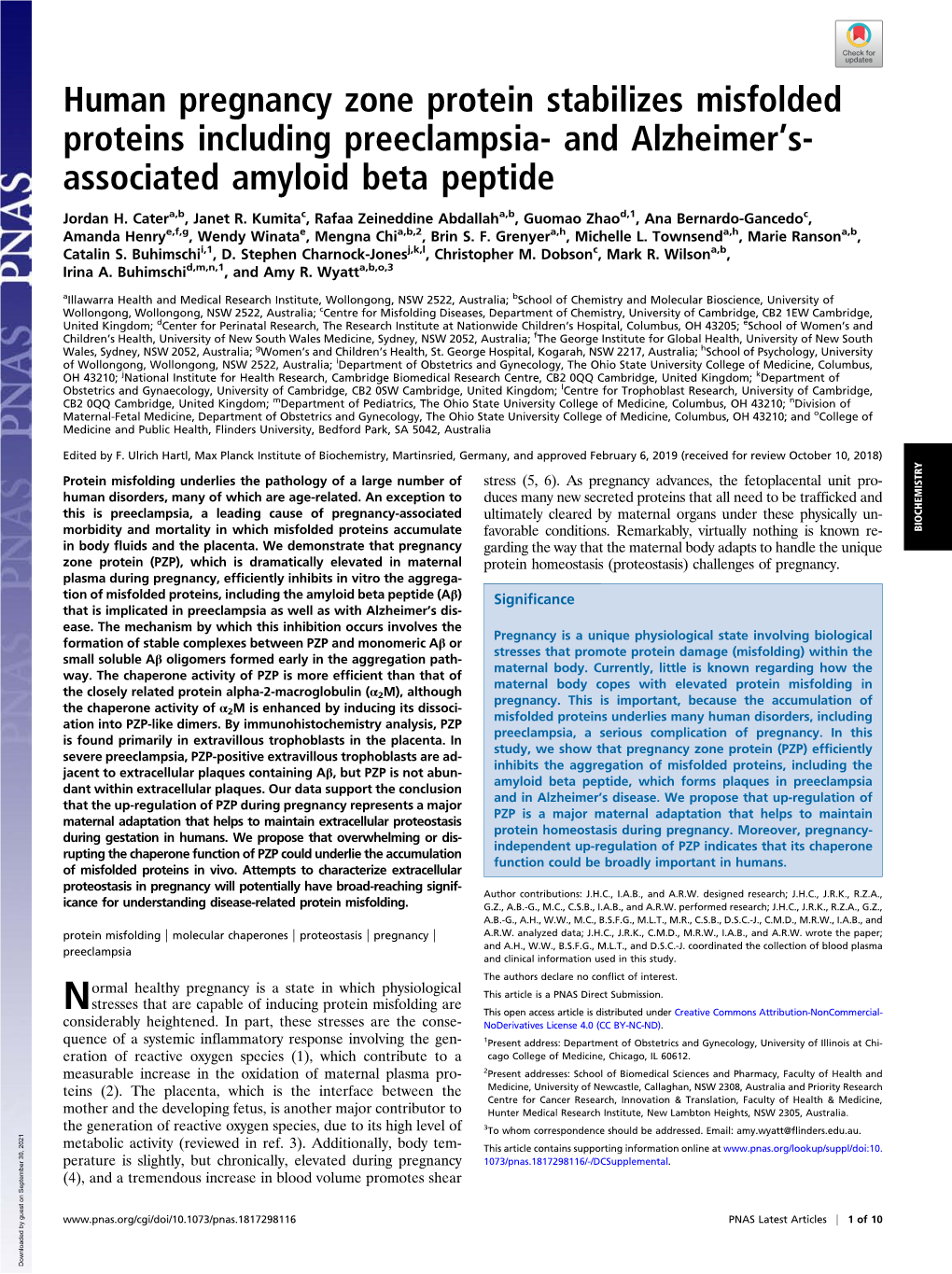 Human Pregnancy Zone Protein Stabilizes Misfolded Proteins Including Preeclampsia- and Alzheimer’S- Associated Amyloid Beta Peptide