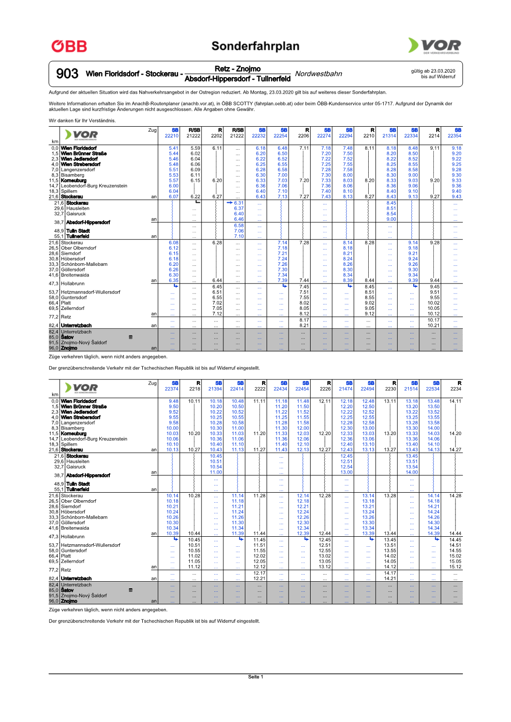 Nordwestbahn Gültig Ab 23.03.2020 903 Absdorf-Hippersdorf - Tullnerfeld Bis Auf Widerruf