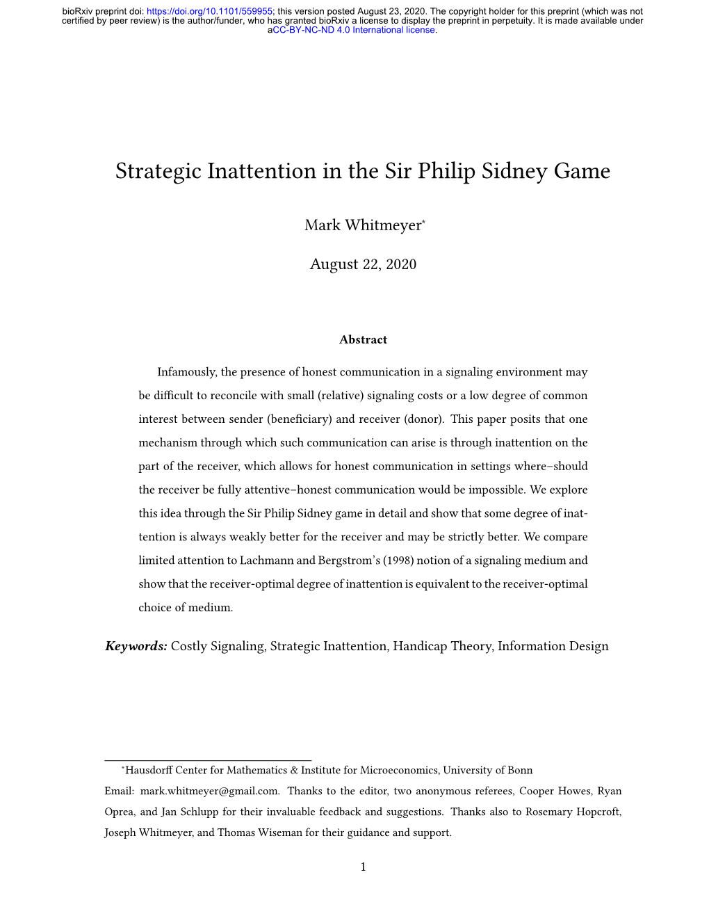 Strategic Inattention in the Sir Philip Sidney Game