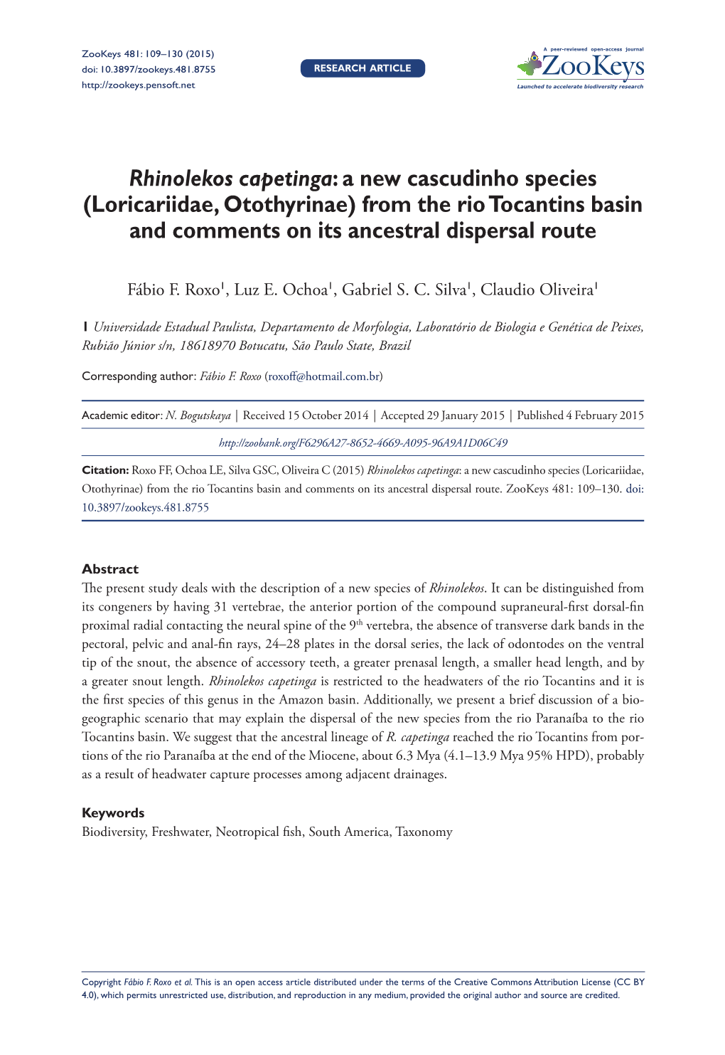 Rhinolekos Capetinga: a New Cascudinho Species (Loricariidae, Otothyrinae) from the Rio Tocantins Basin and Comments on Its Ancestral Dispersal Route