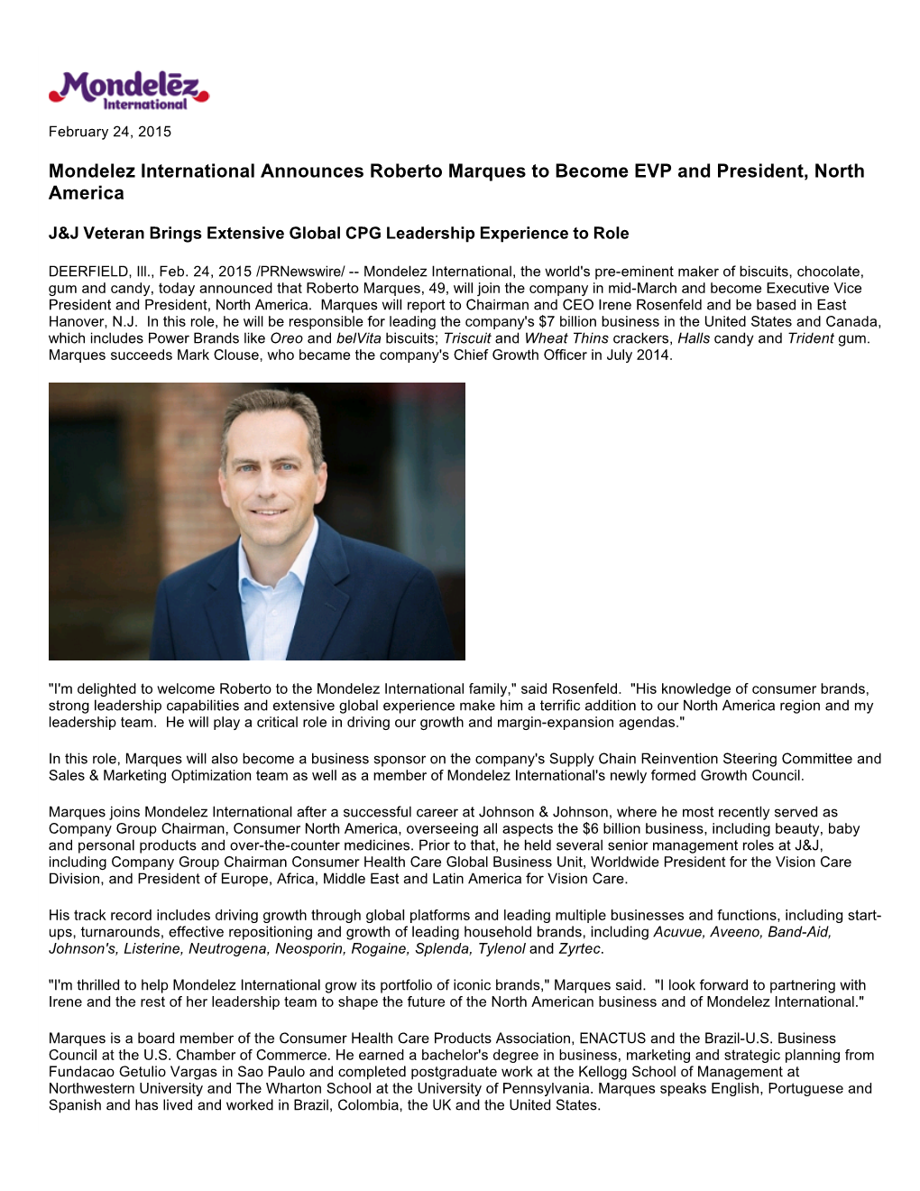 Mondelez International Announces Roberto Marques to Become EVP and President, North America