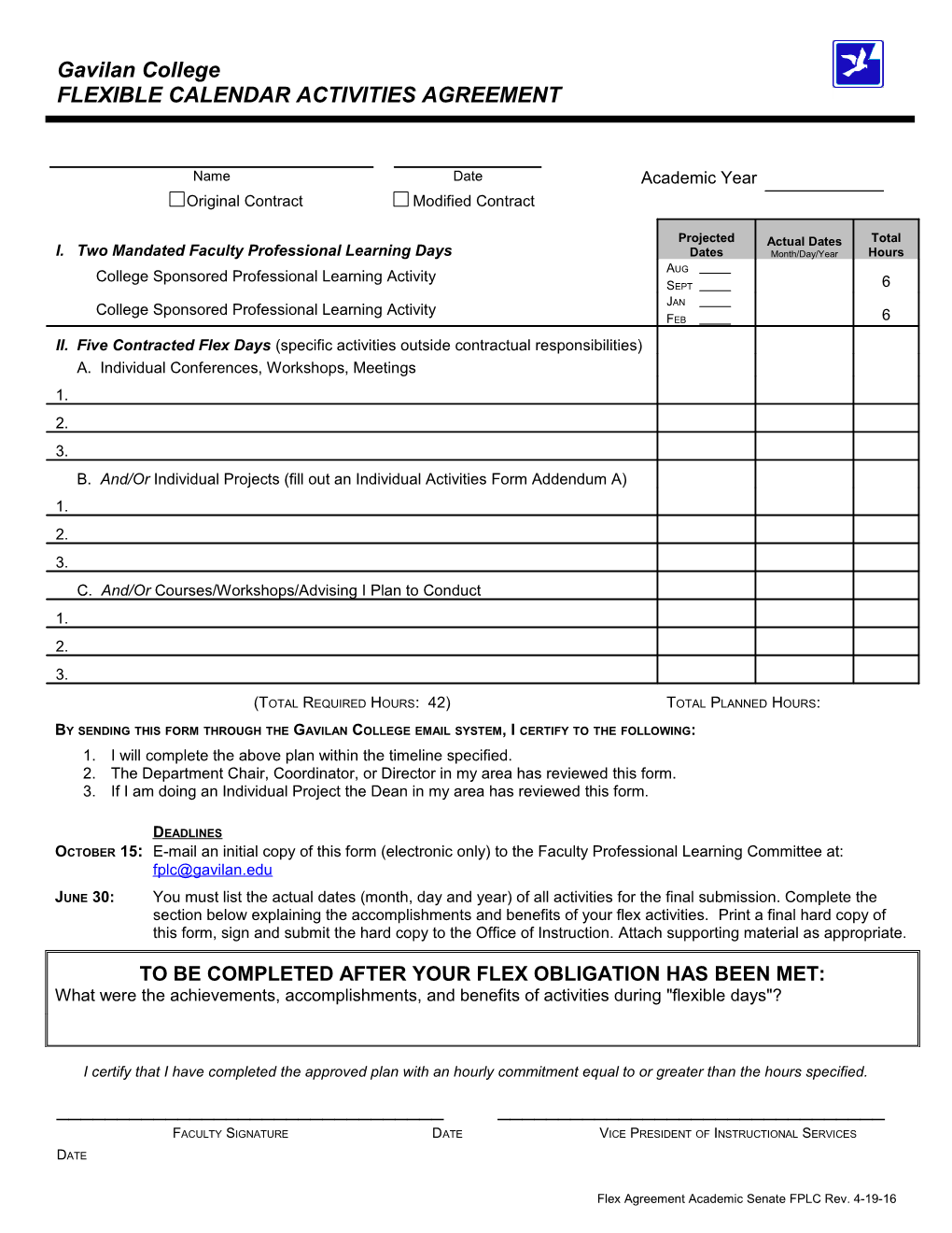 Flexible Calendar Activities Agreement