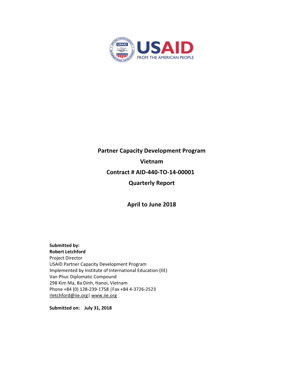 Partner Capacity Development Program Vietnam Contract # AID‐440‐TO‐14‐00001 Quarterly Report