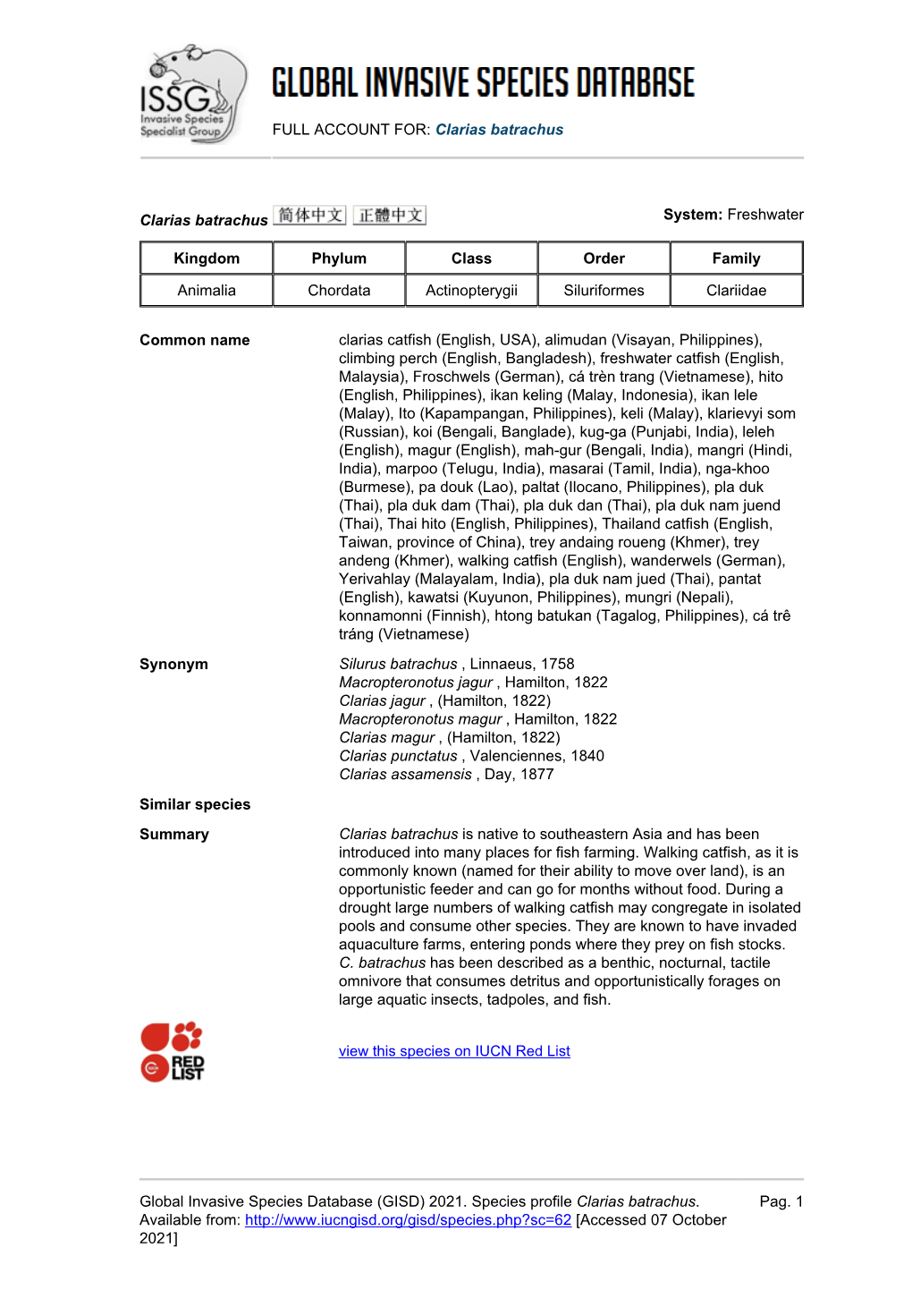 FULL ACCOUNT FOR: Clarias Batrachus Global Invasive Species Database (GISD) 2021. Species Profile Clarias Batrachus. Available F