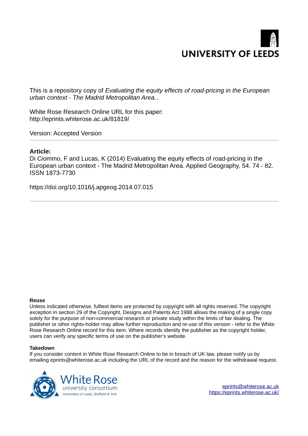 Evaluating the Equity Effects of Road-Pricing in the European Urban Context - the Madrid Metropolitan Area