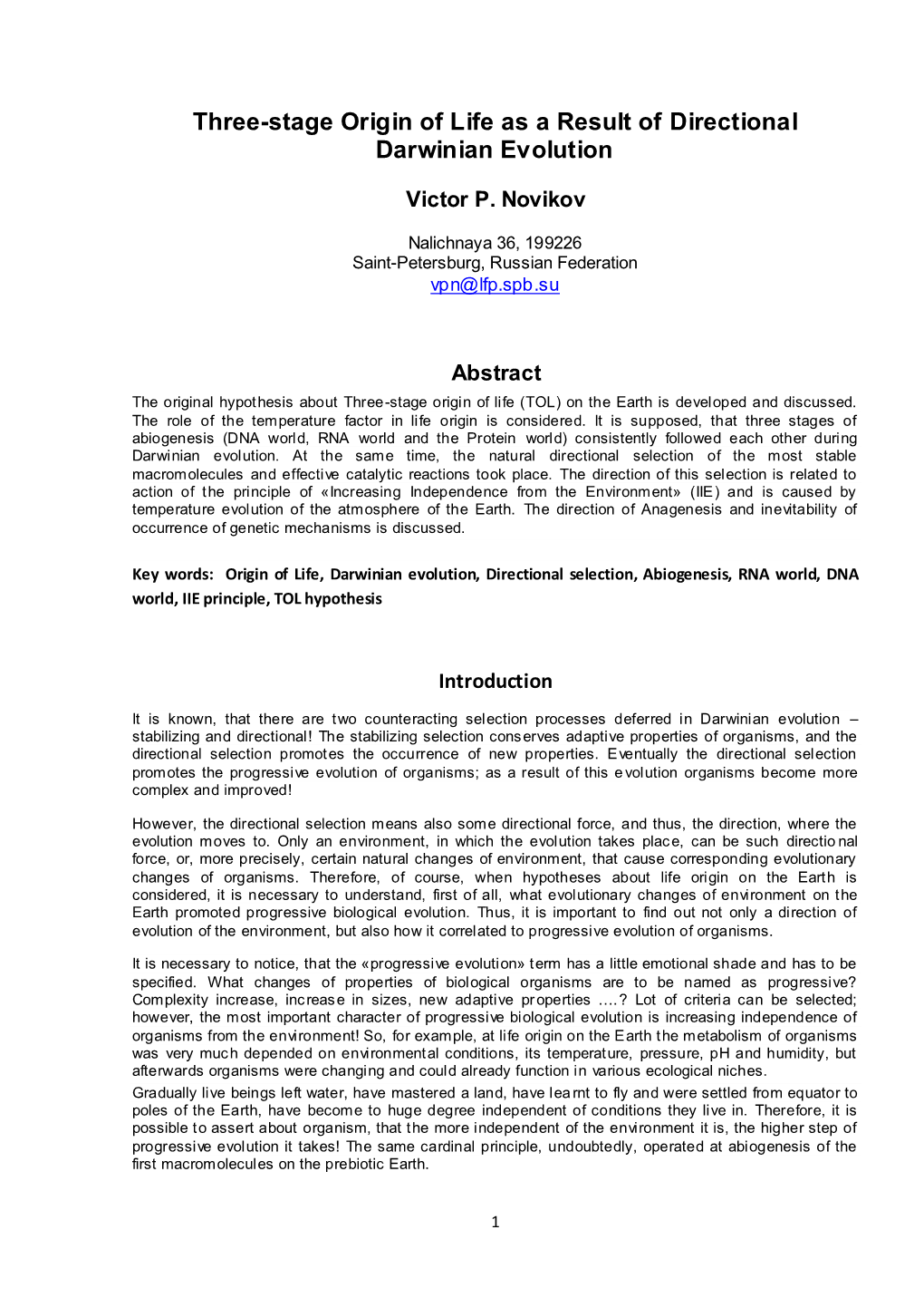 Three-Stage Origin of Life As a Result of Directional Darwinian Evolution