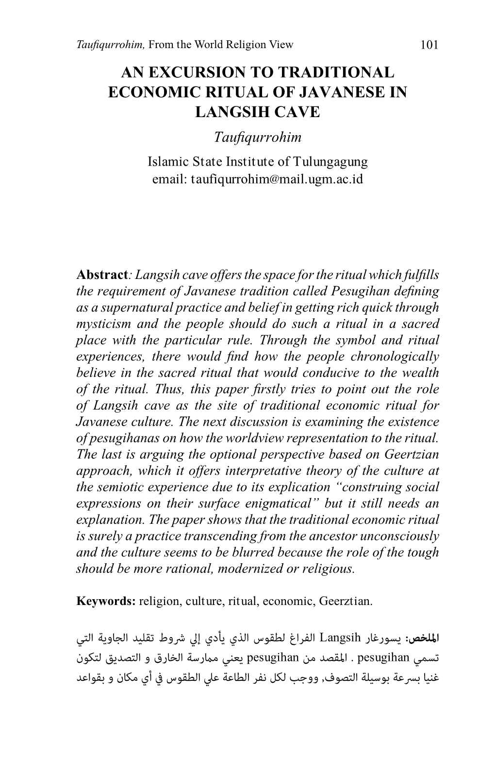 An Excursion to Traditional Economic Ritual of Javanese in Langsih Cave Taufiqurrohim Islamic State Institute of Tulungagung Email: Taufiqurrohim@Mail.Ugm.Ac.Id