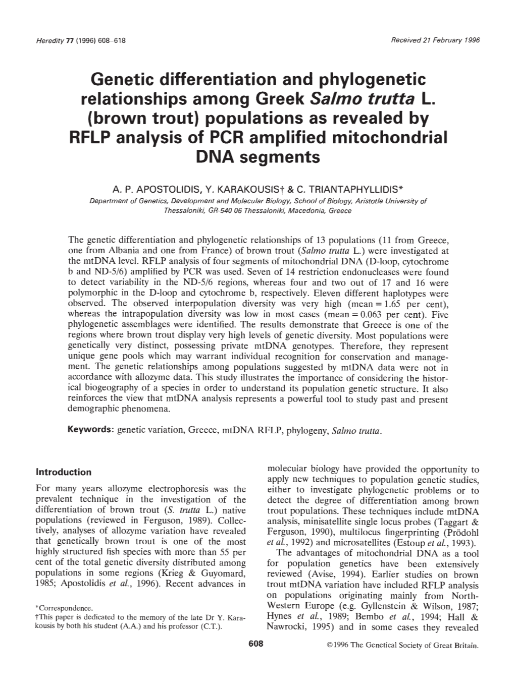 Brown Trout) Populations As Revealed by RFLP Analysis of PCR Amplified Mitochondrial DNA Segments