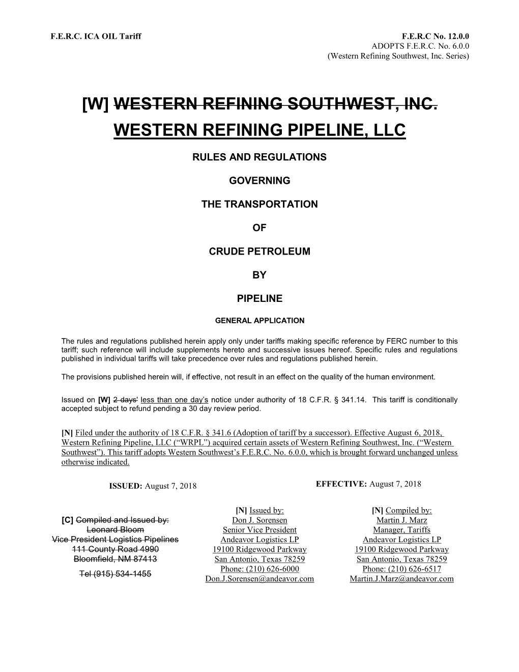 Western Refining Southwest, Inc. Western Refining Pipeline, Llc