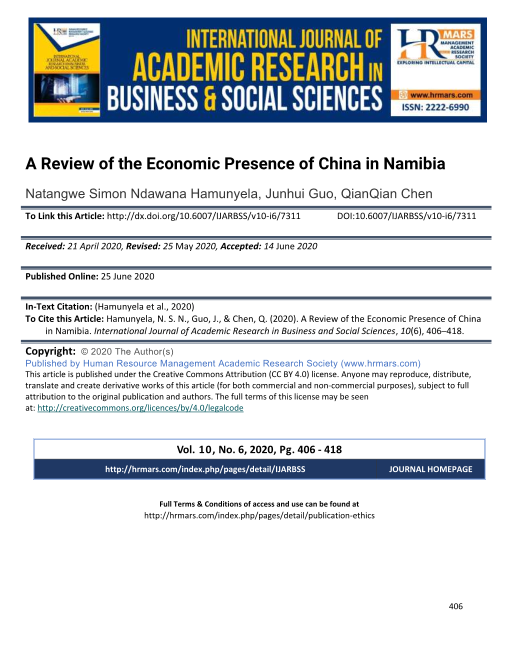 A Review of the Economic Presence of China in Namibia