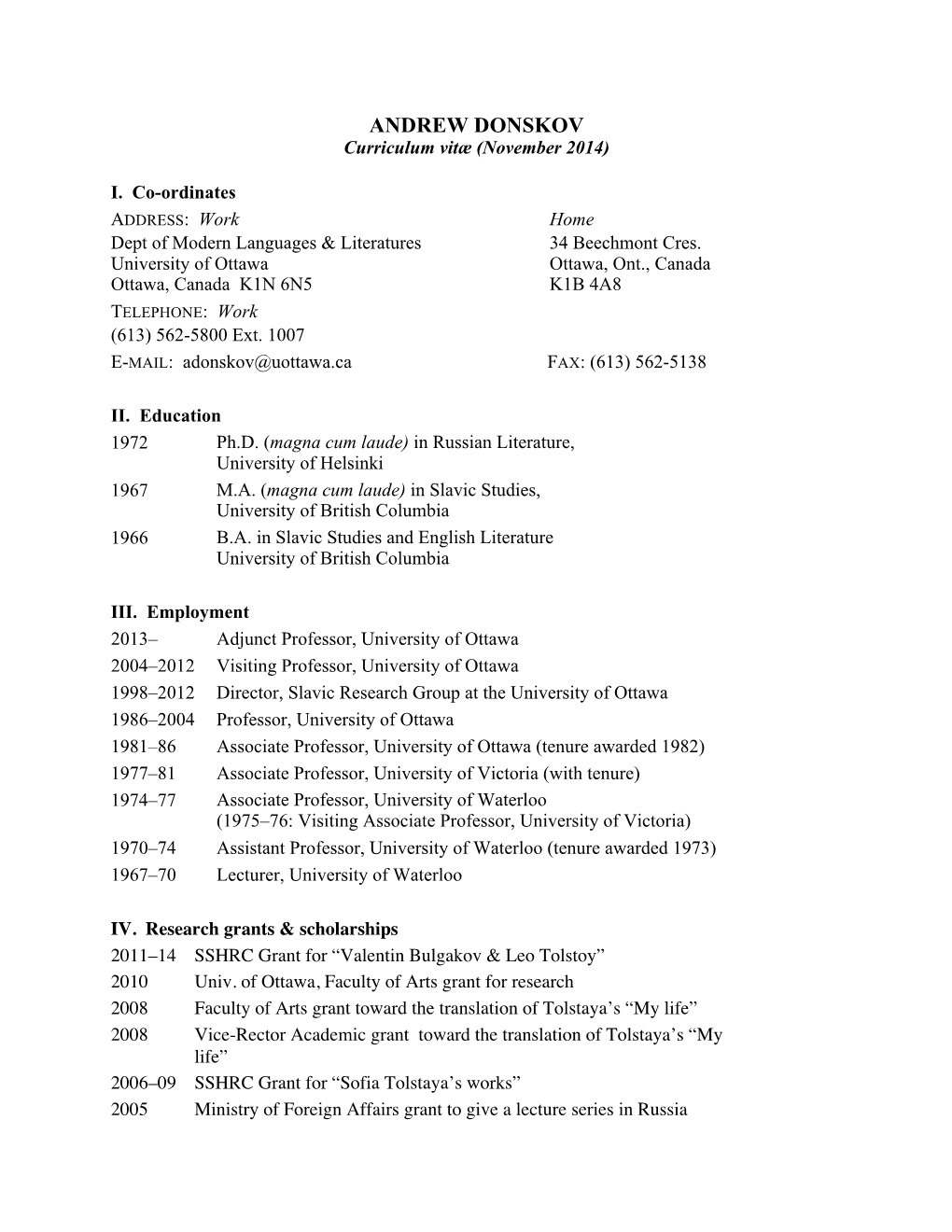 ANDREW DONSKOV Curriculum Vitæ (November 2014)