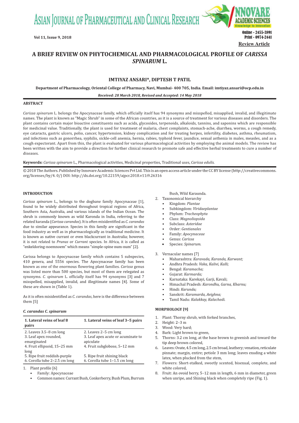 A Brief Review on Phytochemical and Pharmacological Profile of Carissa Spinarum L