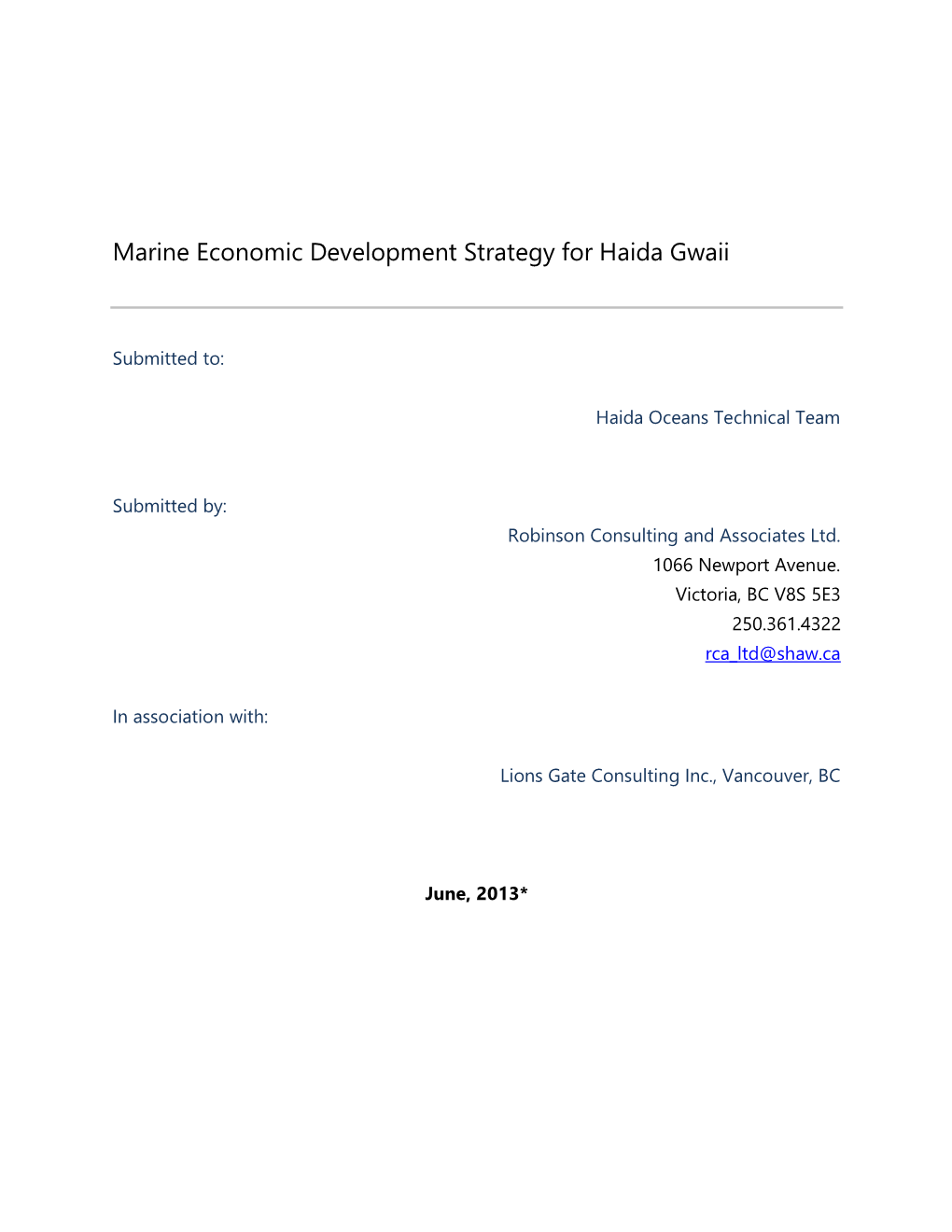 Marine Economic Development Strategy for Haida Gwaii