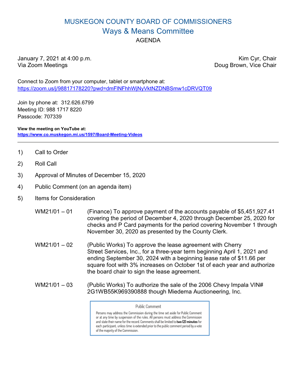 Ways & Means Committee Meeting Agenda