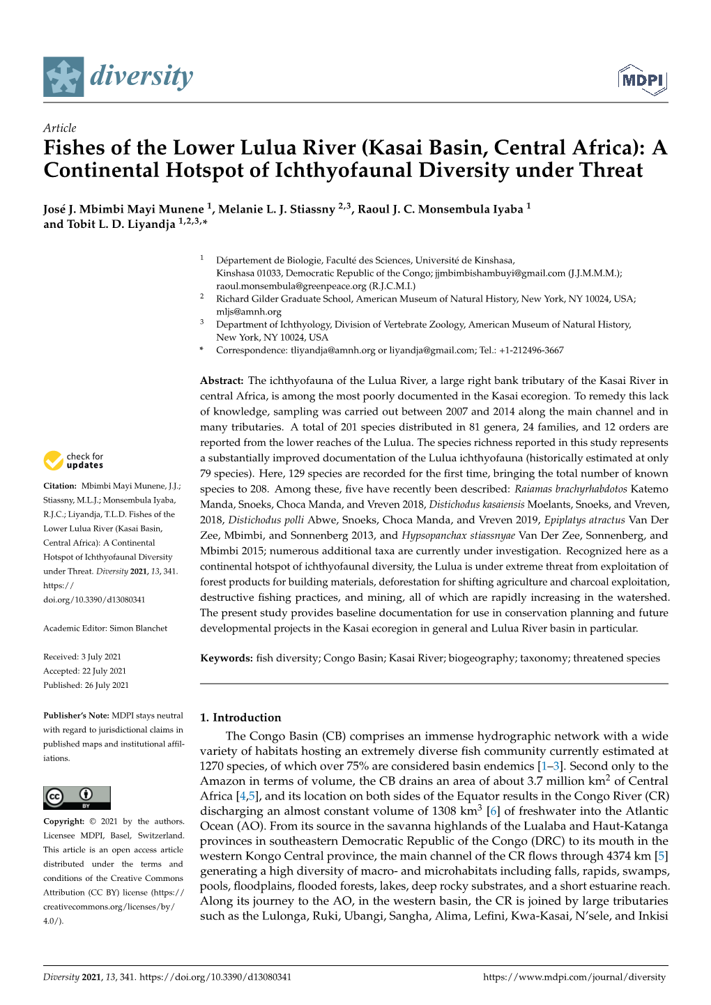 Fishes of the Lower Lulua River (Kasai Basin, Central Africa): a Continental Hotspot of Ichthyofaunal Diversity Under Threat