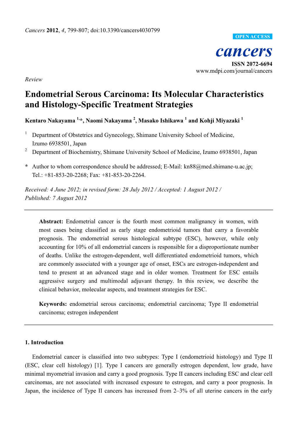 Endometrial Serous Carcinoma: Its Molecular Characteristics and Histology-Specific Treatment Strategies