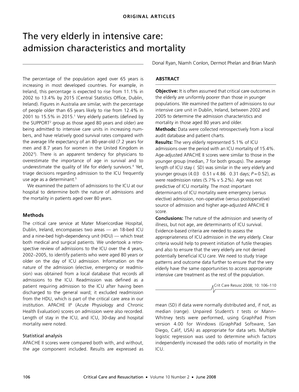 Critical Care and Resuscitation • Volume 10 Number 2 • June 2008 ORIGINAL ARTICLES