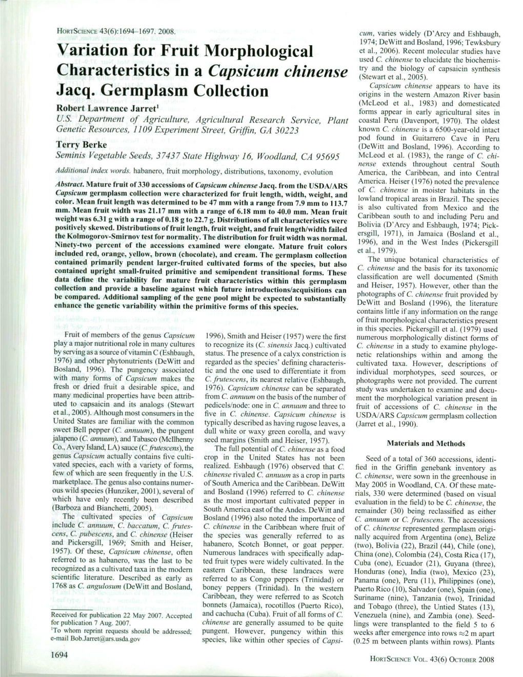 Variation for Fruit Morphological Characteristics in a Capsicum