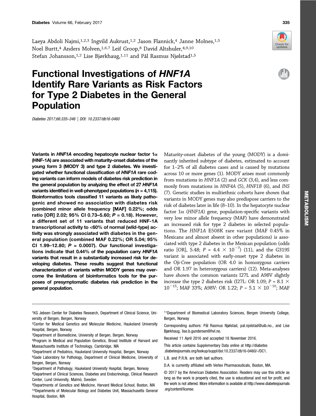 Functional Investigations of HNF1A Identify Rare Variants As Risk Factors for Type 2 Diabetes in the General Population