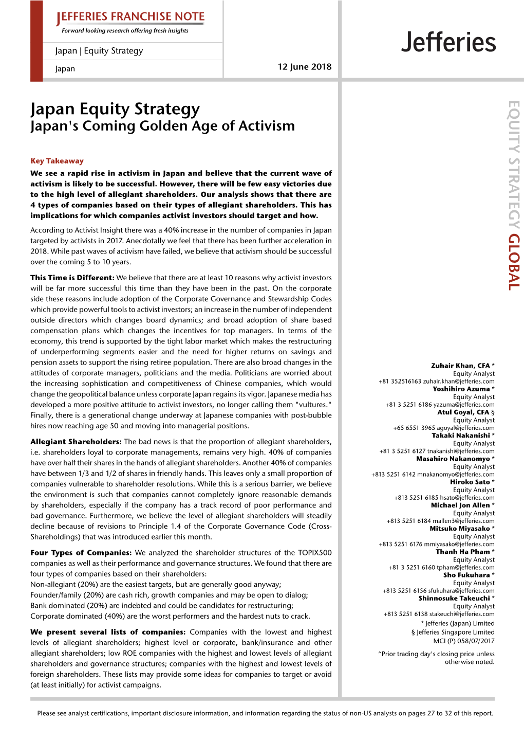 Japan Equity Strategy Japan's Coming Golden Age of Activism