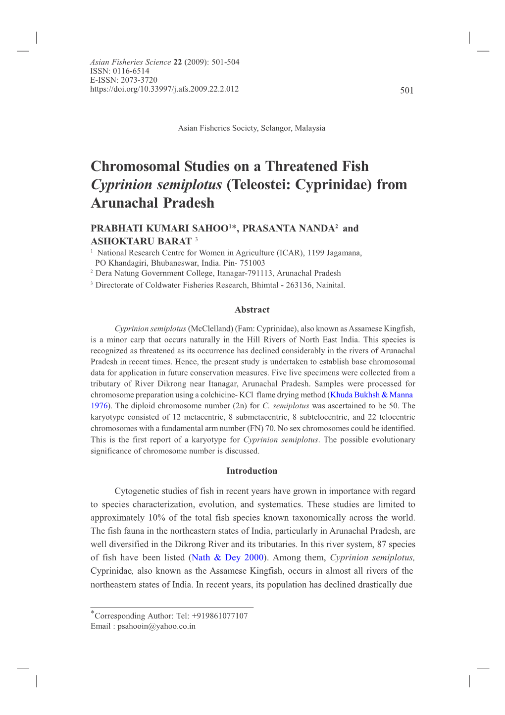 Chromosomal Studies on a Threatened Fish Cyprinion Semiplotus (Teleostei: Cyprinidae) from Arunachal Pradesh