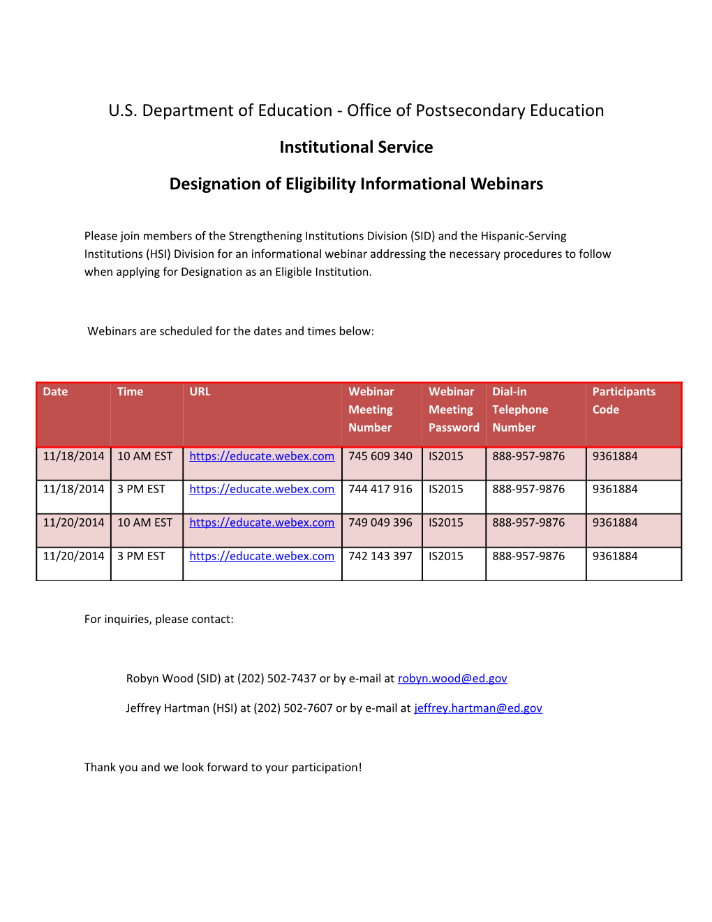 FY 2015 Webinar Schedule for Title III and Title V Designation of Eligibility (MS Word)